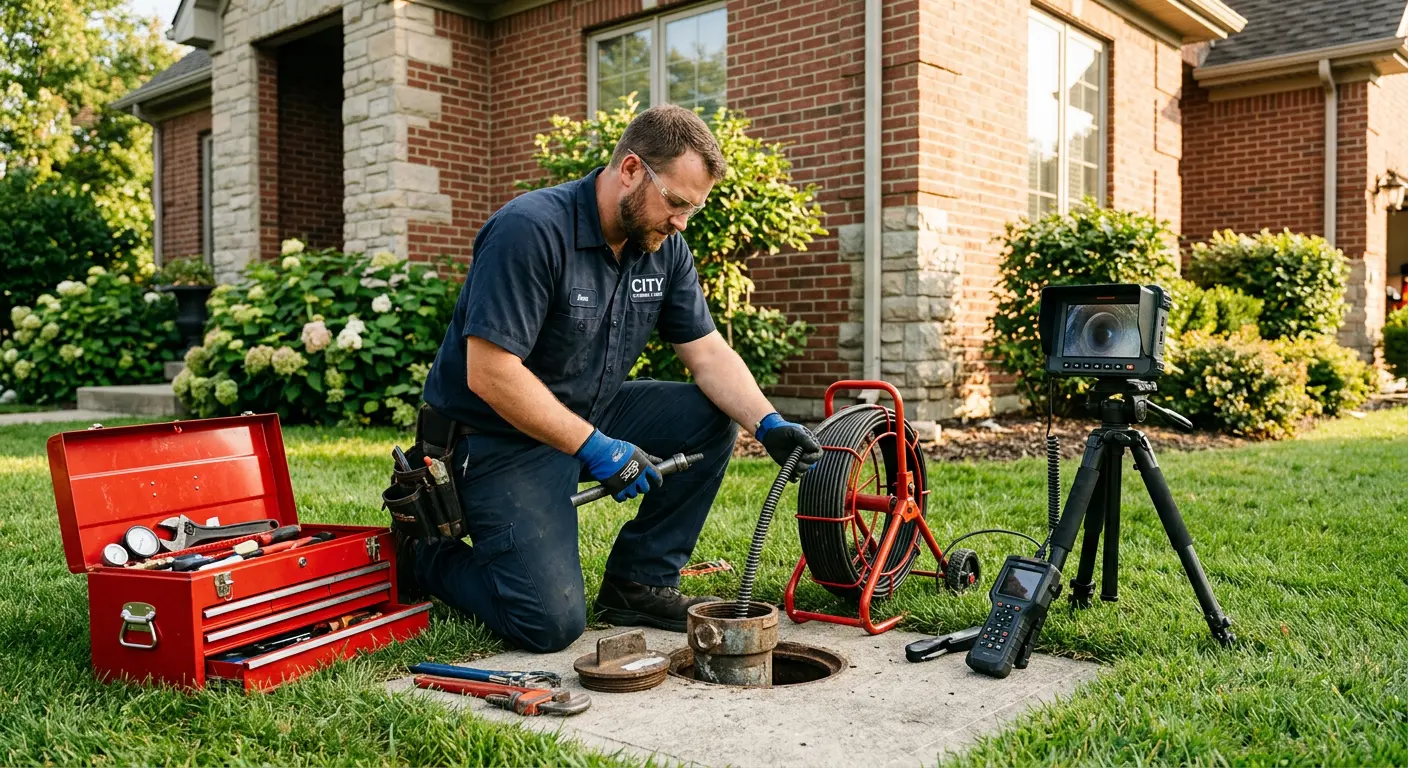 Sewer specialist with camera equipment servicing a cleanout in Beaumont