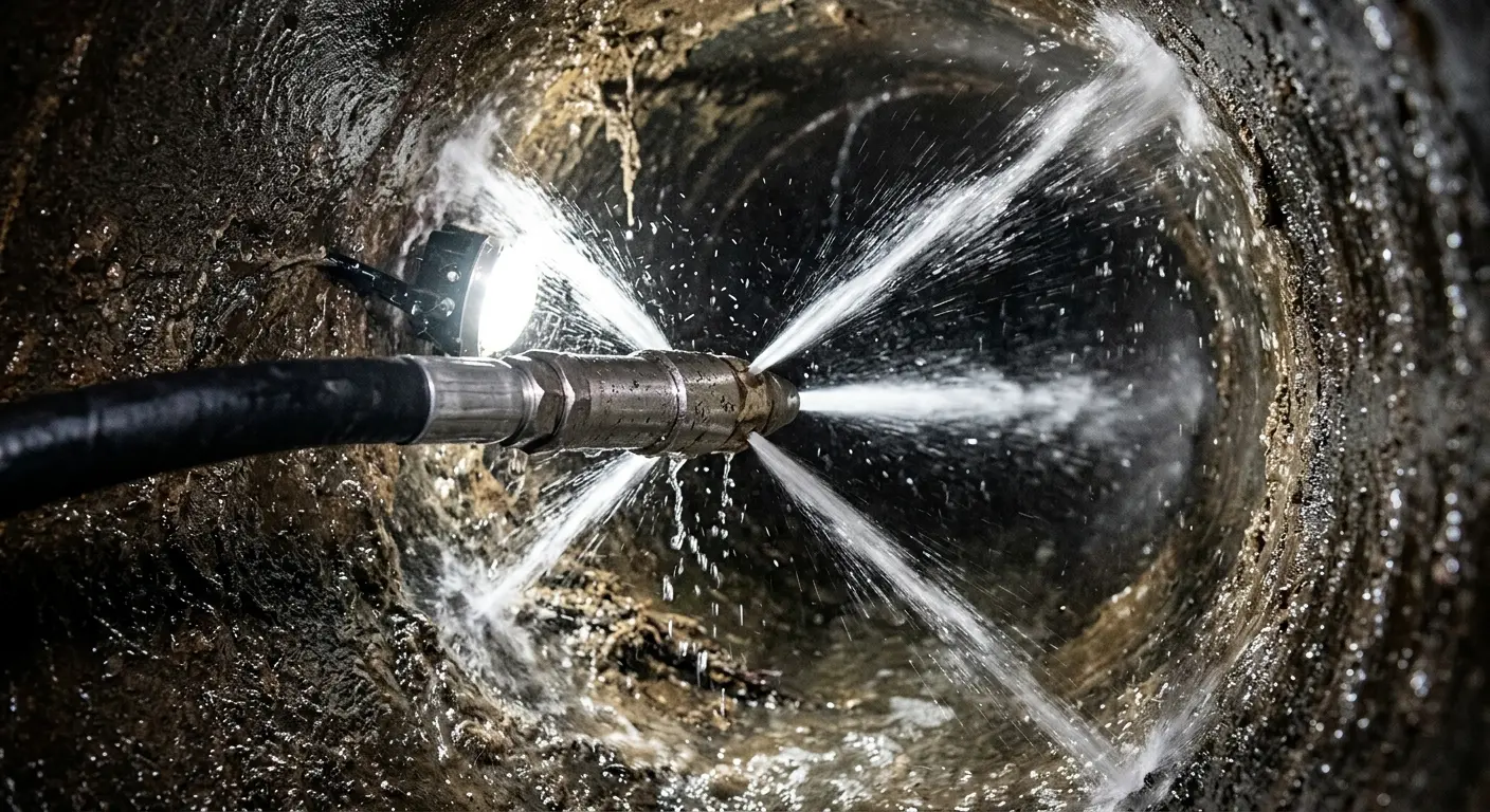 High-pressure hydro jetting nozzle cleaning sewer pipe for Trenchless Sewer Repair in Beaumont
