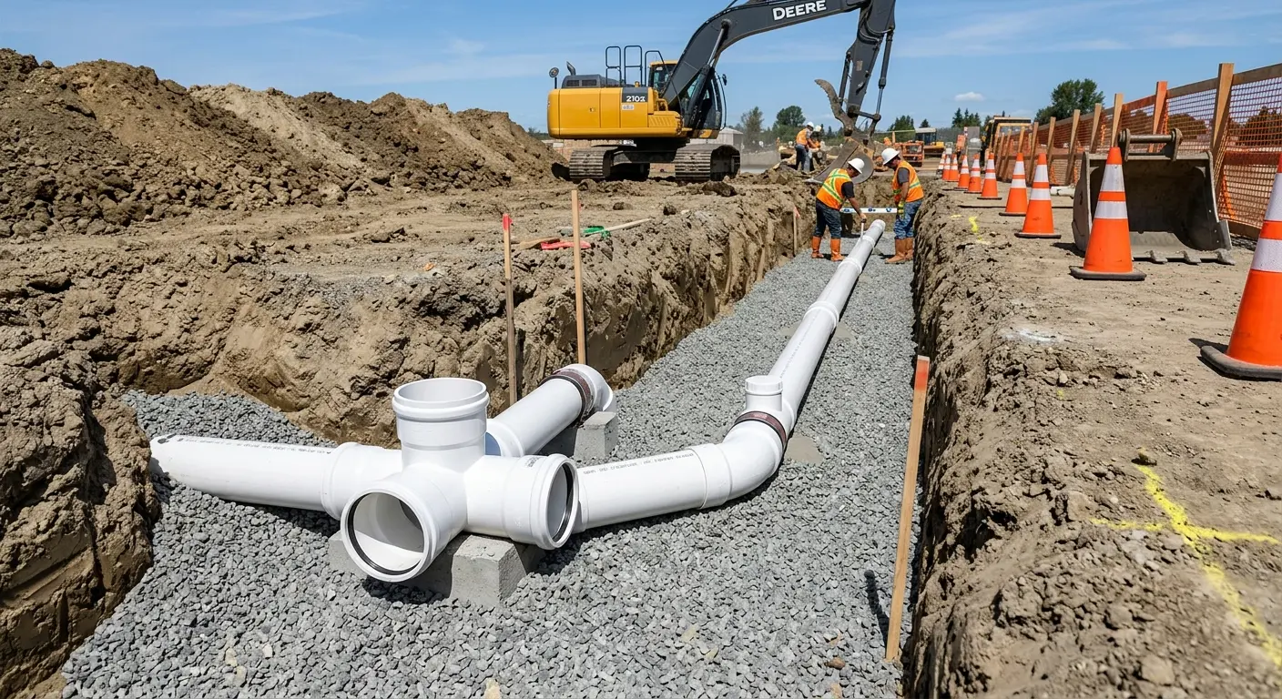 New PVC sewer pipe installation in open trench for Commercial Drain Cleaning in Beaumont