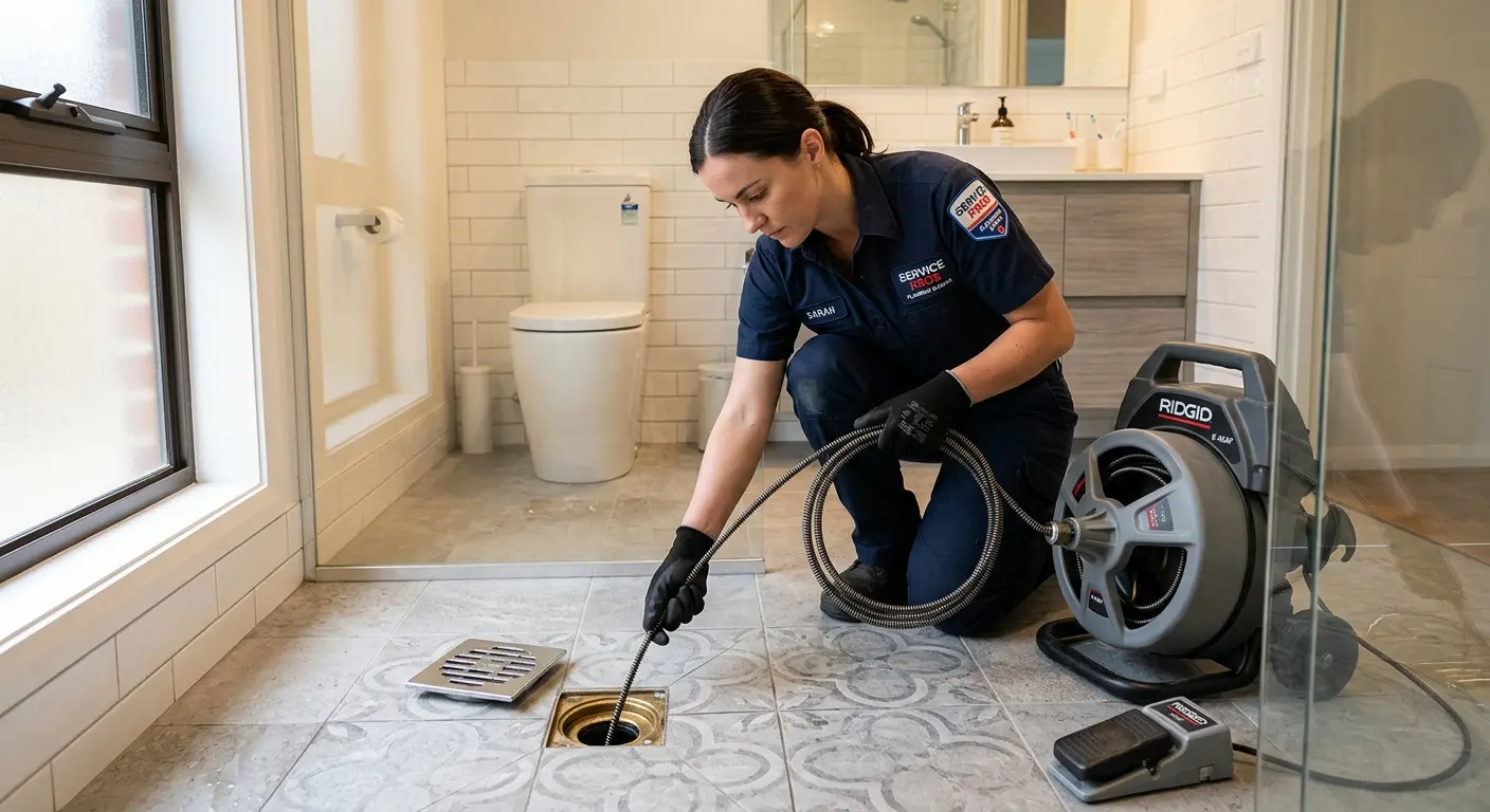 Technician clearing a bathroom floor drain for Clogged Drain Repair in Beaumont